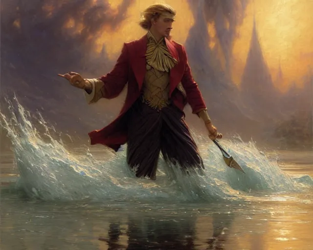 Image similar to attractive male wizard casting powerful tsunami wave spell in a beautiful lake. highly detailed painting by gaston bussiere, craig mullins, j. c. leyendecker 8 k