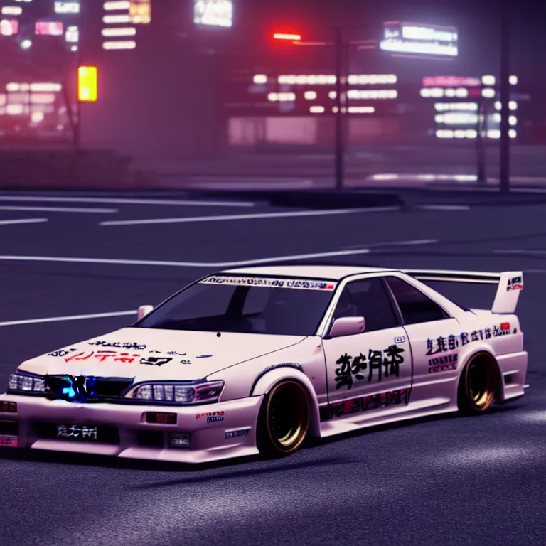 Image similar to Toyota JZX90 Drift, detailed-wheels, Shibuya prefecture, cinematic lighting, photorealistic, night photography, octane render