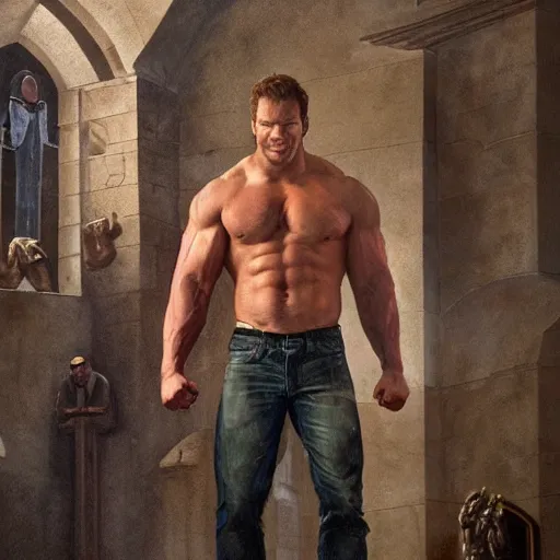 Image similar to bodybuilder chris pratt at church geog darrow greg rutkowski