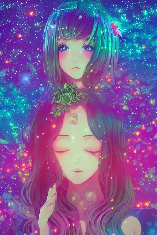 Image similar to psychedelic, whimsical, anime, 4k, beautiful intimate woman with professional makeup, long trippy hair, a crystal and flower dress, sitting in on a reflective pond underneath the stars, rainbow fireflies, trending on patreon, deviantart, twitter, artstation, volumetric lighting, heavy contrast, art style of Ross Tran and Ilya Kuvshinov