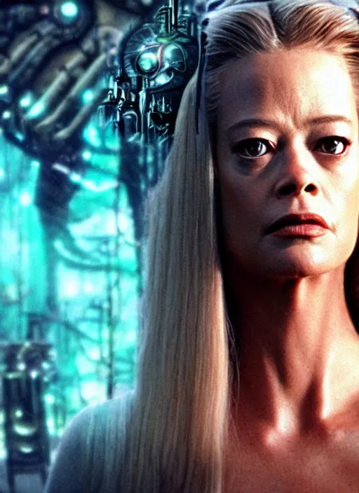 Prompt: 35mm portrait of an intricate and sophisticated borg with the face of young Jeri Ryan , on the background of a weird magical mechanical forest. Round gears visible inside her hear. Very detailed 8k. Fantasy cyberpunk horror. Sharp. Cinematic post-processing