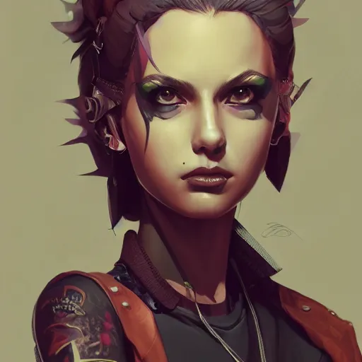 Image similar to highly detailed portrait of a punk young lady by by Loish, Artgerm,Greg Tocchini, Greg Rutkowski, 4k resolution