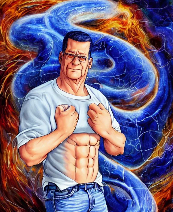 Prompt: hank hill wearing bluejeans and white tshirt, the god of propane, blue flames, magic realism, art by mike judge, art by josephine wall, art by huang guangjian, art by viktoria gavrilenko, art by amanda sage, trending on artstation