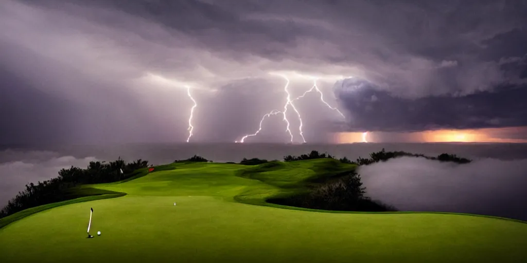 Image similar to a great photograph of the most amazing golf hole in the world, on top of the clouds, lightning storm, ambient light, golf digest, top 1 0 0, fog