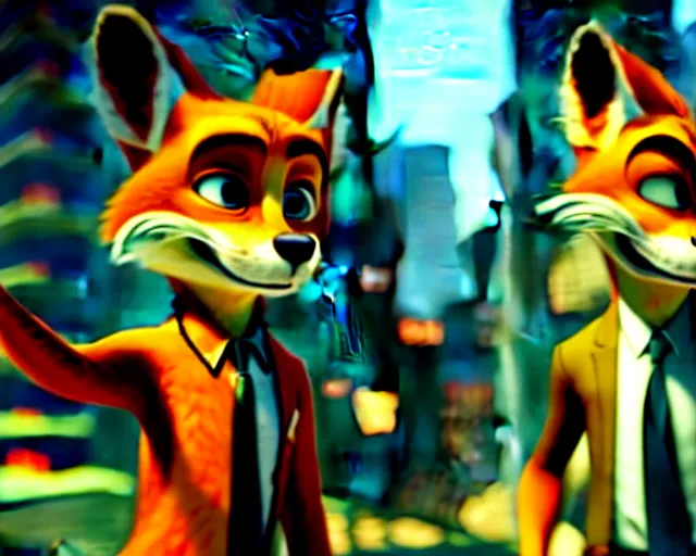 Image similar to nick wilde as max payne 3 set in gritty neo - noir zootopia, battle through the favela / furvela