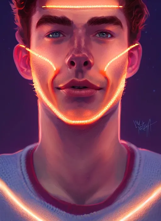 Image similar to portrait of archie andrews, freckles, curly middle part haircut, intricate, elegant, glowing lights, highly detailed, digital painting, artstation, concept art, smooth, sharp focus, illustration, art by wlop, mars ravelo and greg rutkowski