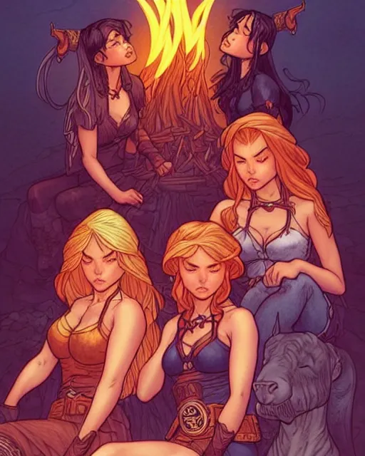 Image similar to fantasy comic cover art of a ( ( trio of cowgirls ) ) sitting around a bonfire, detailed faces, illustration by jenny frison and sana takeda and kenichi sonoda, intricate details, stunning inking lines, stunning gradient colors, 4 k, hd, artstation, award winning