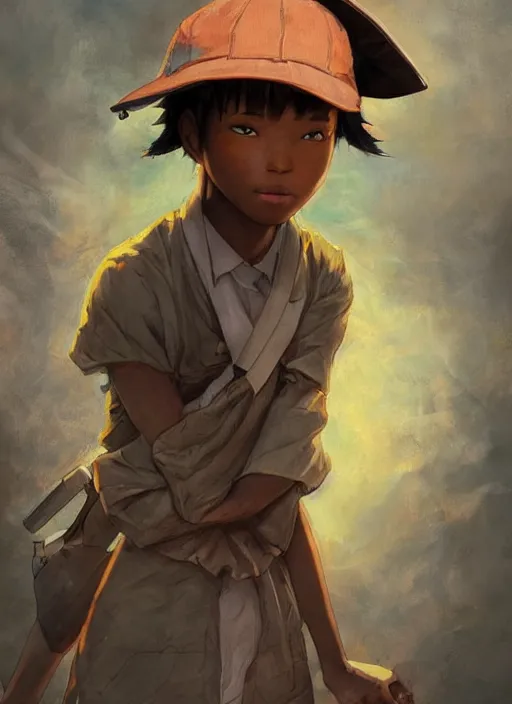 Image similar to prompt : portrait soft light painted by james jean and katsuhiro otomo and erik jones, inspired by akira anime, epic fantasy, a young dark skinned girl with short hair dressed as a boy in plain peasant clothing and a newsboy cap, intricate oil painting, high detail illustration, sharp high detail