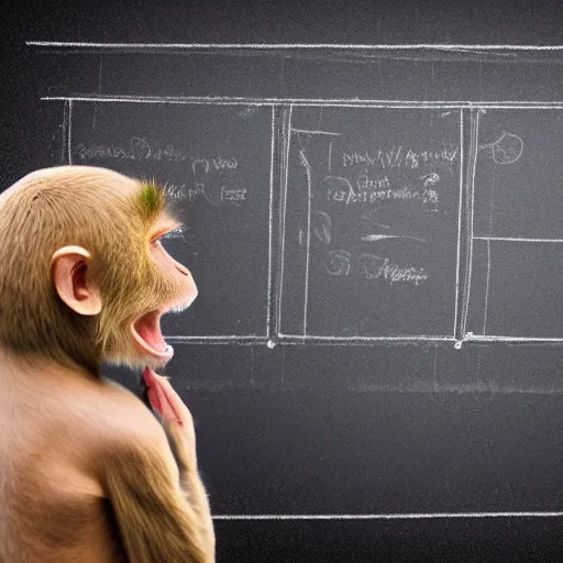 Image similar to Photograph of a monkey looking at a blackboard, but the monkey is confused. Detailed photo, realistic, 4k