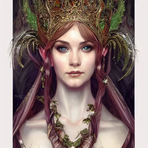 Image similar to a oil painting of a elven queen, cute, fantasy, intricate, elegant, highly detailed, centered, digital painting, artstation, concept art, smooth, sharp focus, illustration, art by artgerm and h r giger and alphonse mucha