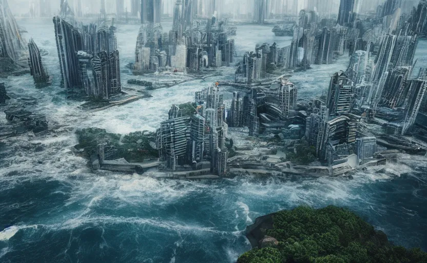 Prompt: a photo of a metropolis built on a island floating above the sea in the sky, waterfalls fall from the island into the sea, cinematic, 8 k, highly - detailed