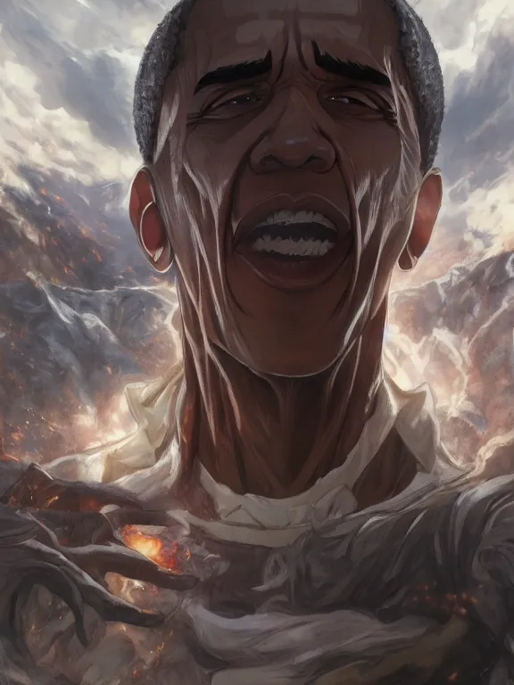 Prompt: barack obama in attack on titan, hyper detailed,, 8 k realistic, trending in artstation, digital painting, studio quality, cryengine, frostbite 3 engine, character design, smooth, sharp focus, art by artgerm and greg rutkowski and alphonse mucha and ian sprigger and wlop and krenz cushart