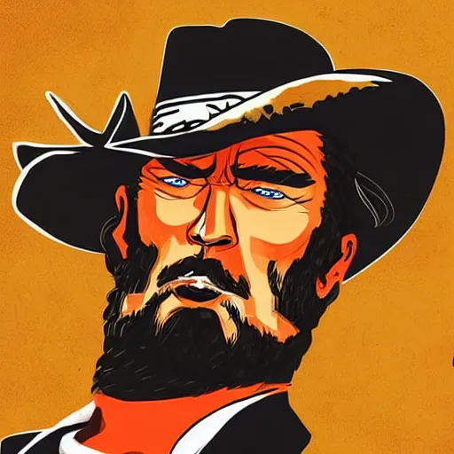 Prompt: a cowboy, with a trump hairstyle, in the style of red dead redemption, lucky luke, the good, the bad and the ugly, clint eastwood, steven seagal, bud spencer, donald trump, glory days, patriotism