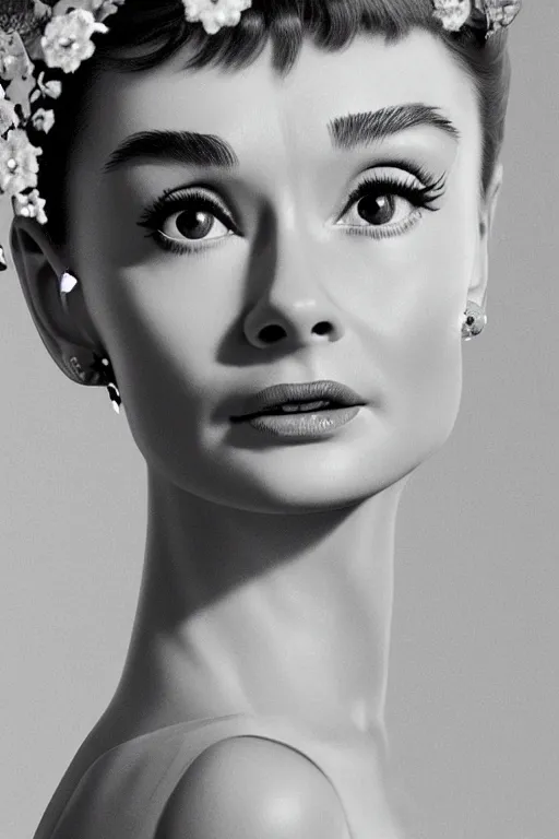 Image similar to Audrey Hepburn as a Celestial Goddess of the Multiverse, close-up, seductive, rule of thirds, captivating look, award winning photo, unreal engine, studio lighting, highly detailed features, interstellar tsunami by James Jean