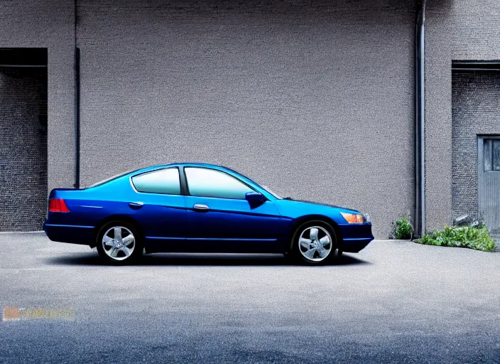 Image similar to blue 2 0 0 3 honda accord parked near a grey brick garage at sunrise, oil! puddle! under car, concept art, octane render, unreal engine 5, trending on artstation, high quality, 8 k, soft lighting, path traced, hyperrealistic, highly detailed, digital art, symmetrical, cinematic, high coherence, godrays