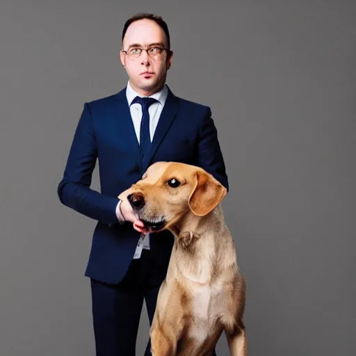 Image similar to a serious adult business man with dog head as head, suitcase in his hand, serious clothing, photography in studio, award winning photo