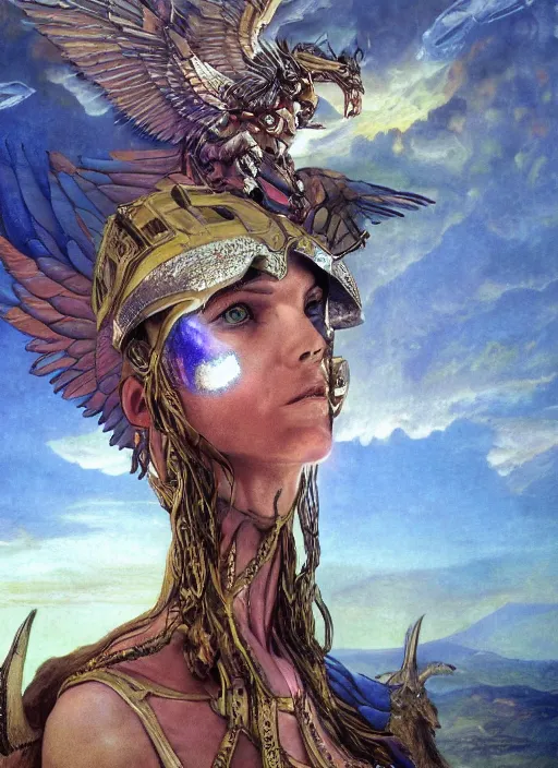 Prompt: biblical diabolical beautiful female valkyree android, on a pegasus, jump, heavy eyes to the side, closeup, bright glowing veins, in clouds, rain, sunset, portrait, by gerald brom, by mikhail vrubel, by peter elson, muted colors, extreme detail, reflections, trending on artstation, 8 k