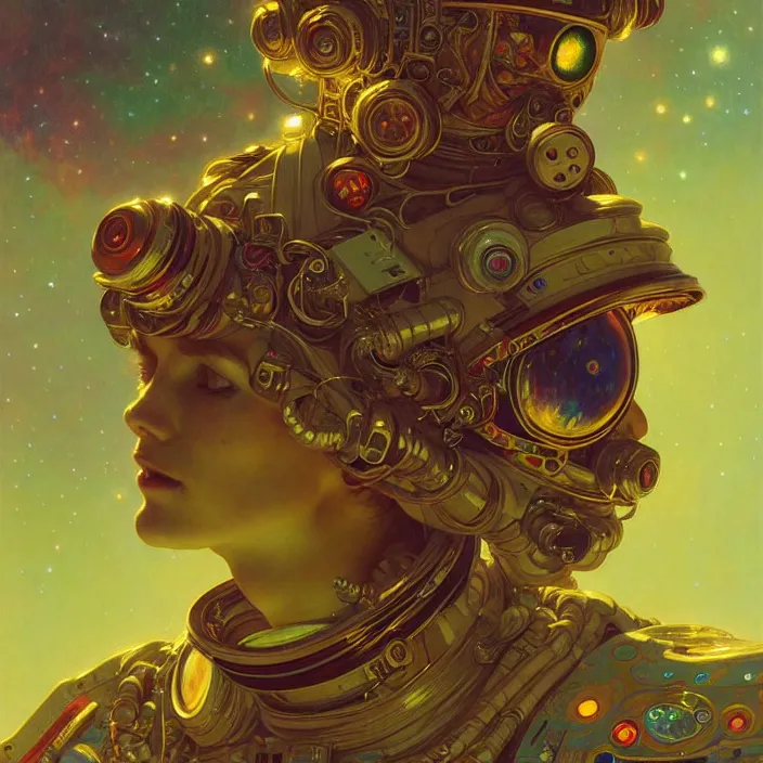 Image similar to psychedelic astronaut , diffuse lighting, fantasy, intricate, elegant, highly detailed, lifelike, photorealistic, digital painting, artstation, illustration, concept art, smooth, sharp focus, art by John Collier and Albert Aublet and Krenz Cushart and Artem Demura and Alphonse Mucha