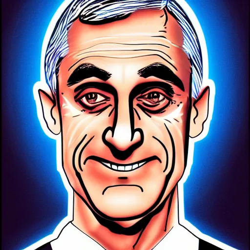 Image similar to digital illustration of secretary of denis mcdonough face, cover art of graphic novel, eyes replaced by glowing lights, glowing eyes, flashing eyes, balls of light for eyes, evil laugh, menacing, Machiavellian puppetmaster, villain, clean lines, clean ink