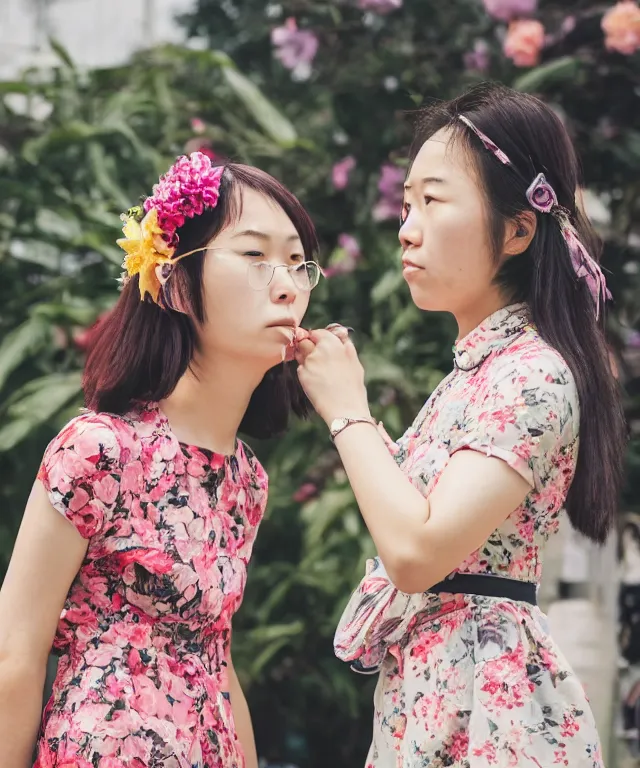 Prompt: a focus shot photo of two women in floral dress in taiwan