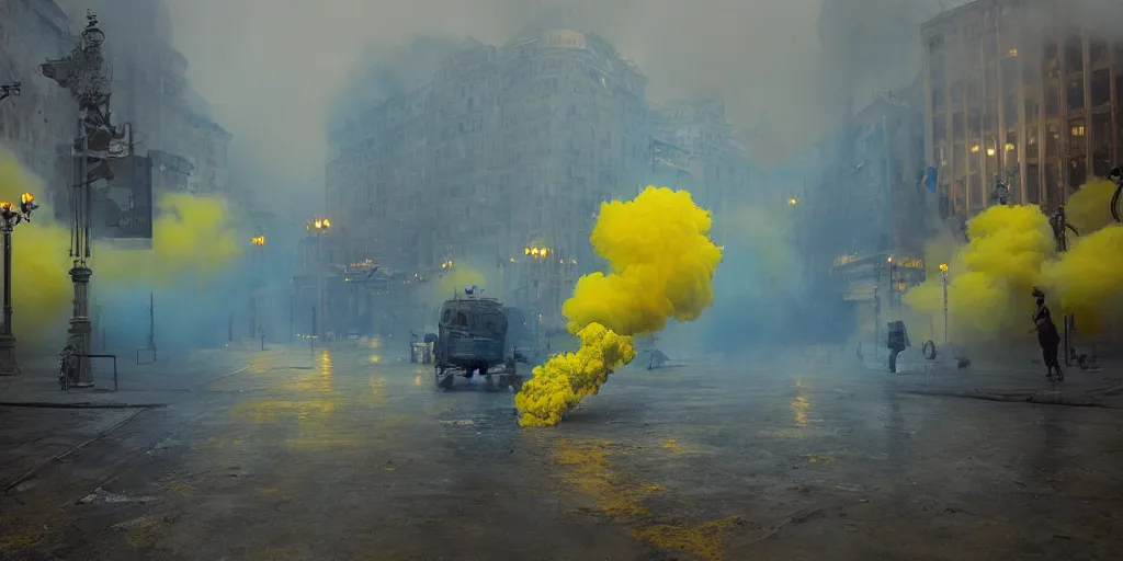 Prompt: kiev city streets covered in yellow and blue smoke, by jeremy mann, by kim keever