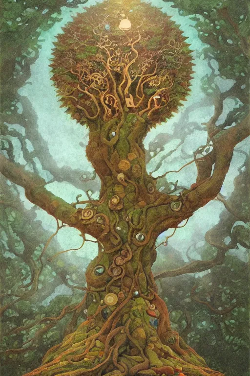 Prompt: Yggdrasil the tree of life by Shaun Tan and Hiroshi Yoshida, trending on artstation