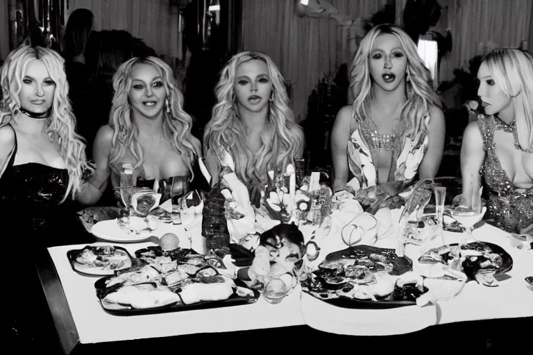 Image similar to Madonna, Britney Spears, Katy Perry, Gaga and Taylor Swift at the last supper