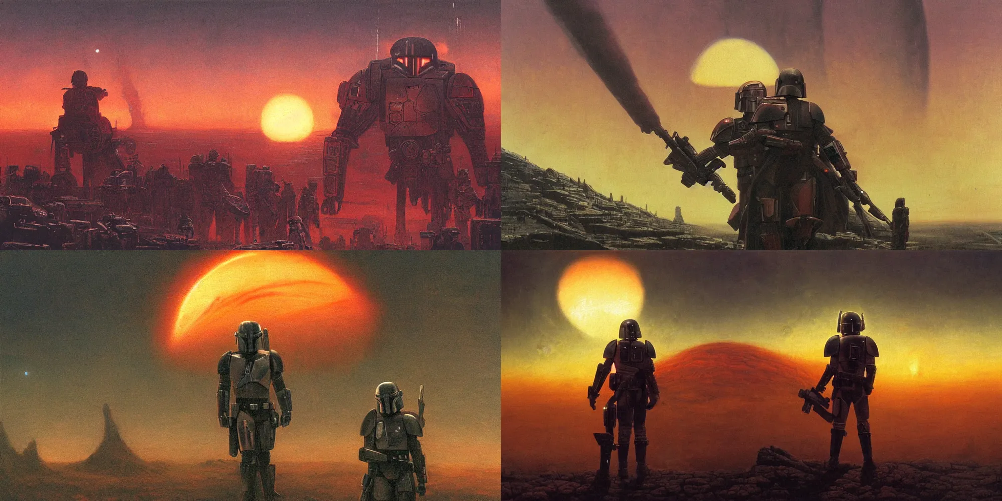 Prompt: close up mid shot of mandalorian with backlight watching nuclear explosion on jupiter wasteland during sunset , panoramic cinematic very sharp oil painting by beksinski