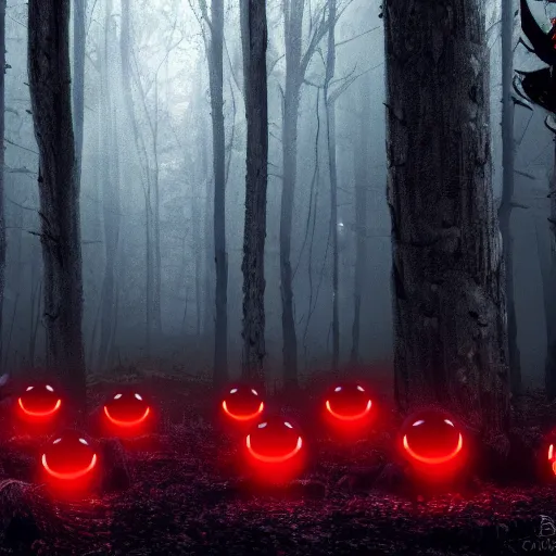 Prompt: An octane render of many pairs of red glowing eyes in a dark forest, extremely detailed, scary, horror, suspense, Unreal engine, 8k render, cinematic, dark, dreary
