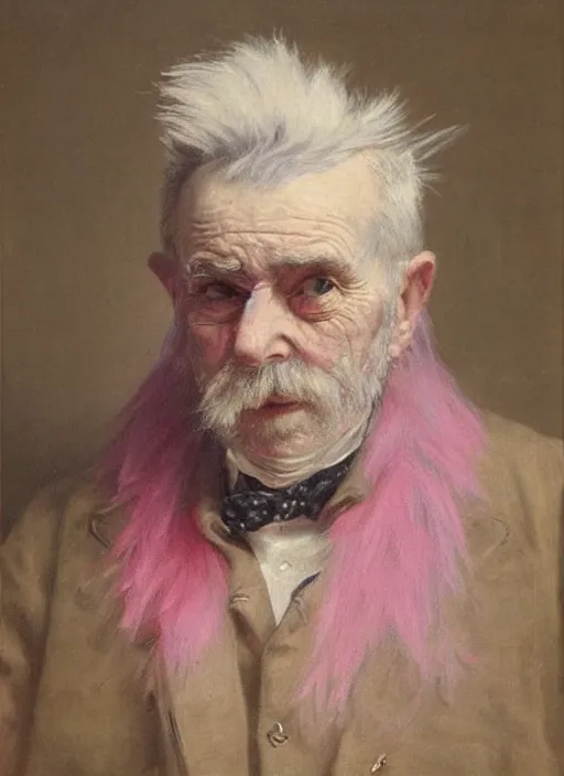 Image similar to a portrait of old man with a detailed pink mohawk by edouard bisson, punk rock, oil painting, muted colours, soft lighting