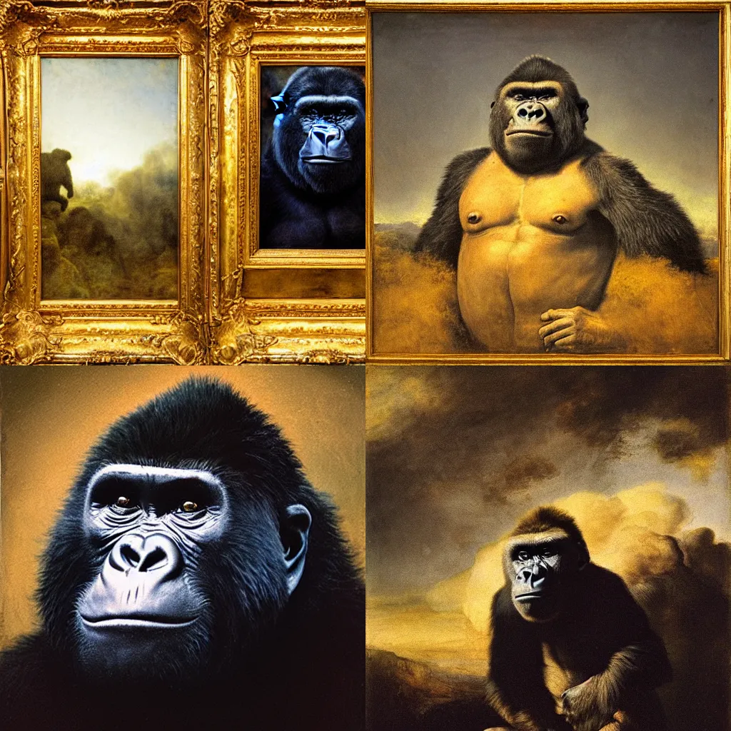 Prompt: smiling silverback gorilla in a land made of clouds by Rembrandt, golden hour