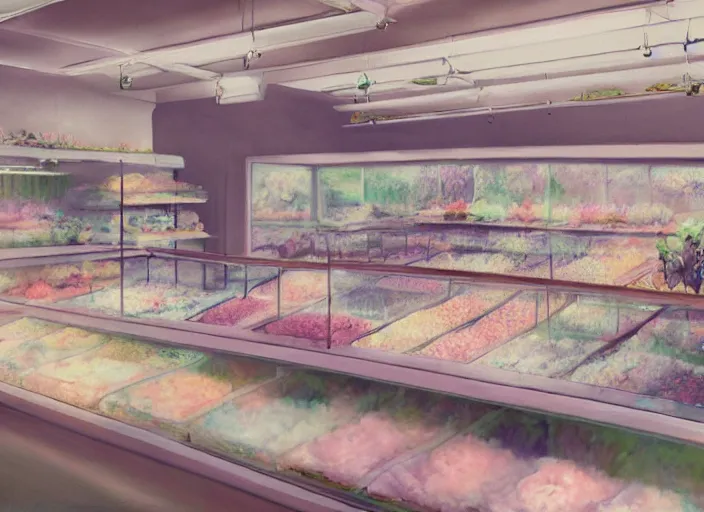 Image similar to placid pastel deep cozy moody cluttered painterly fluffy tiny cramped pet store counter, aisles of aquariums, slanted ceiling, tiny space, particulate, trending on pixiv