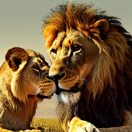 Image similar to a farmed photography of a lion kissing a lion male skull, detailed, 4k, fantasy