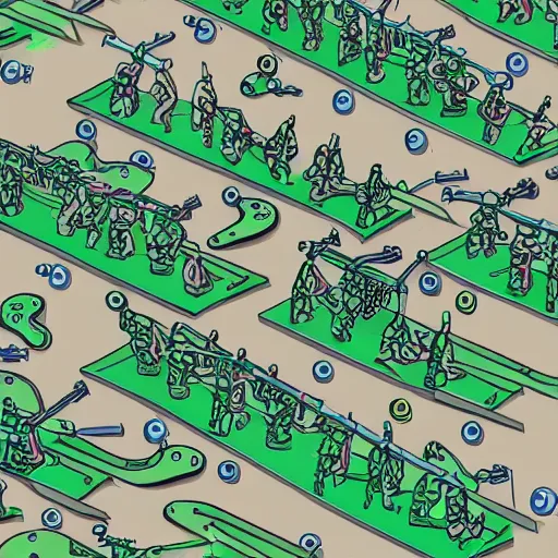 Prompt: an illustration of a plastic green army men manufacturing line, detailed linework, mechanical drawing, artstation, behance, vibrant colors