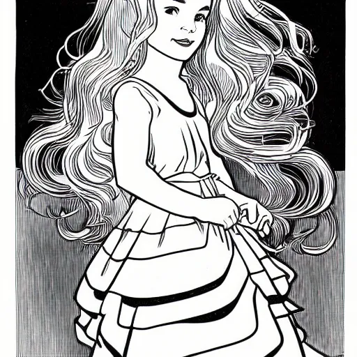 Image similar to clean simple line art of a little girl with wavy curly hair in an elegant dress. white background. well composed, clean black and white line drawing, beautiful detailed face. illustration by steve ditko and jack kirby and alphonse mucha