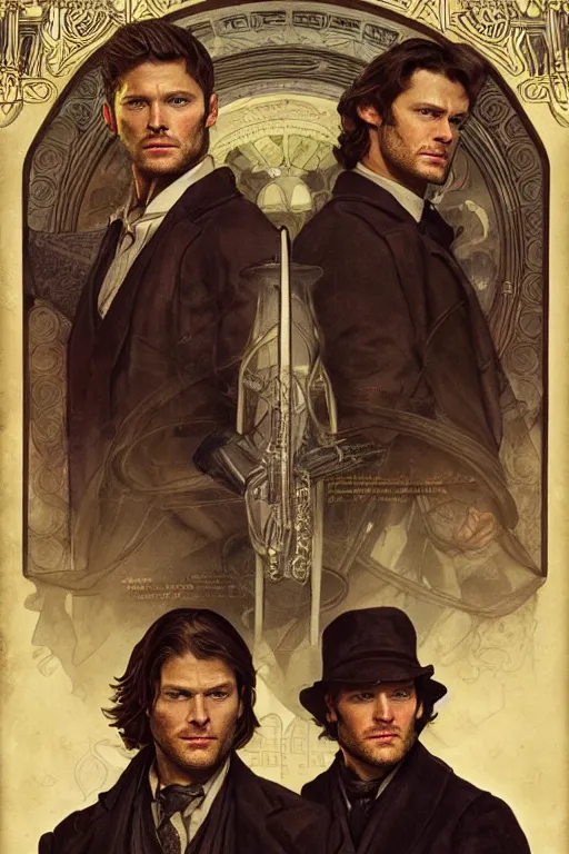 Image similar to a detailed matte portrait of jensen ackles and jared padalecki in a supernatural sherlock holmes story, masterpiece, 8 k, art by alphonse mucha and greg rutkowski