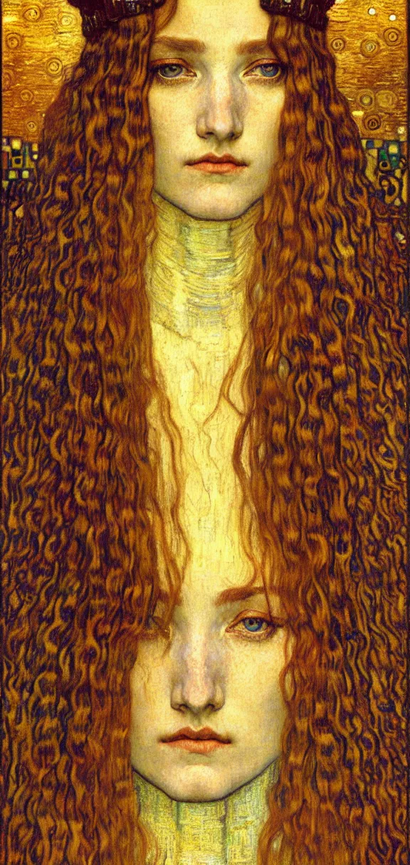 Image similar to detailed realistic beautiful young medieval queen face portrait by jean delville, gustav klimt and vincent van gogh, art nouveau, symbolist, visionary, gothic, pre - raphaelite, muted earthy colors, desaturated