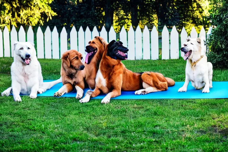 Prompt: large dogs doing yoga in a garden, white picket fence, happy, serene, cinematic, 4 k, photorealistic, press photo,