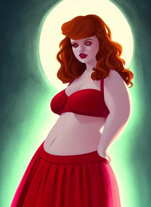 Image similar to full body portrait of teenage cheryl blossom, obese, bangs, sultry, realistic, red hair, sultry smirk, wavy hair, pink skirt, fat, belly, intricate, elegant, glowing lights, highly detailed, digital painting, artstation, concept art, smooth, sharp focus, illustration, art by wlop, mars ravelo and greg rutkowski