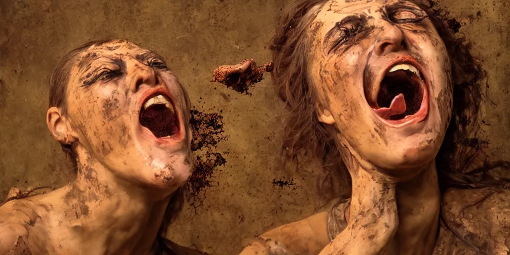 Image similar to highly detailed photography of a screaming woman made of rust clay and stone, rocks, hand gesture, dust particles, dirt, dramatic scene, aesthetic dynamic lighting, masterpiece, by roberto ferri, blue background, high quality, spatula