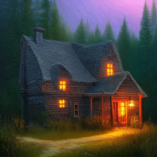 Prompt: cottage inspired by Evgeny Lushpin,overgrown,hunted,spooky, Halloween October, sunset