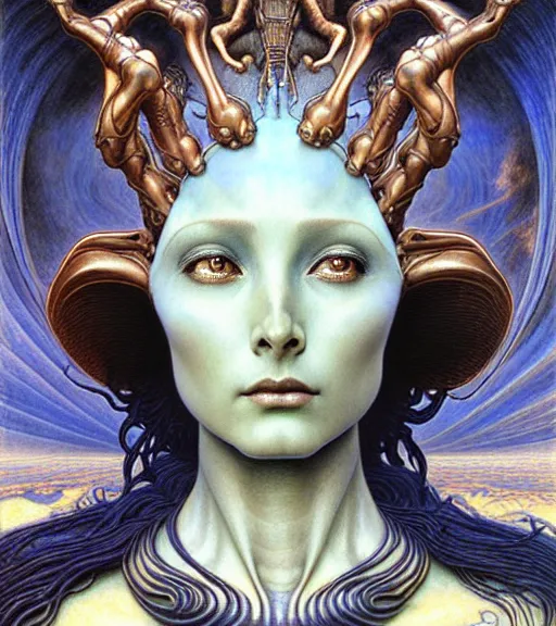 Prompt: detailed realistic beautiful young cher alien robot as queen of mars face portrait by jean delville, gustave dore and marco mazzoni, art nouveau, symbolist, visionary, gothic, baroque. horizontal symmetry by zdzisław beksinski, iris van herpen, raymond swanland and alphonse mucha. highly detailed, hyper - real, beautiful
