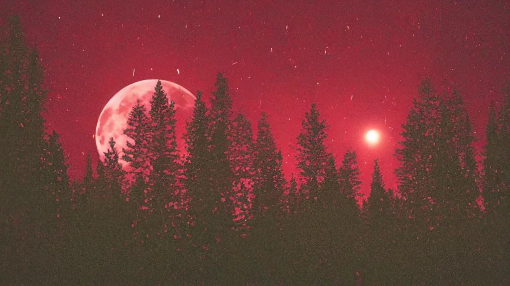 Prompt: (((psychedelic))) 8k ultra realistic night time photography of a mystical cosmic night sky with red smoke and a perfect huge full moon, A glimpse through a small gap in the dark green foliage and overgrowth and the trees of the huge gibbous full moon over water in a dark sky. wreathed in red smoke!!!, starlight, night-time, dark enclosed, cozy, quiet forest night scene, spangled, cosmic