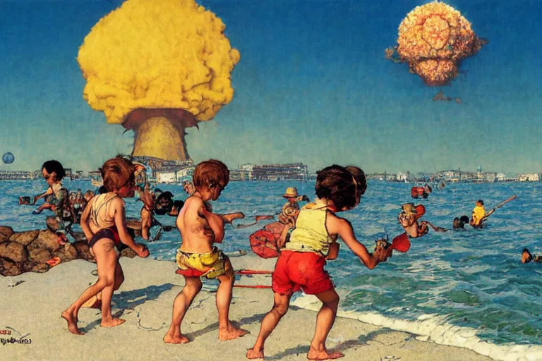 Image similar to children playing at the beach, huge atomic explosion in the background, wide angle shot, oil on canvas by norman rockwell, by mattias adolfsson, by moebius and satoshi kon, hd, 4 k, high quality,