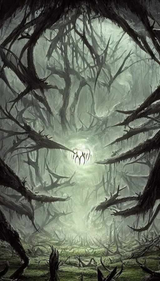 Prompt: a storm vortex made of many demonic eyes and teeth over a forest, by disney concept artists