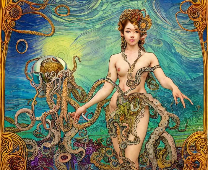 Image similar to portrait of an octopus goddess, full body shot, rule of thirds, wide angle, amazing landscape in background, fantasy, whimsical, horror, art by riot games and chengwei pan and josephine wall and amanda sage and alphonse mucha, intricately detailed, highly detailed, luxurious, elegant, clean, unsettling, trending on artstation