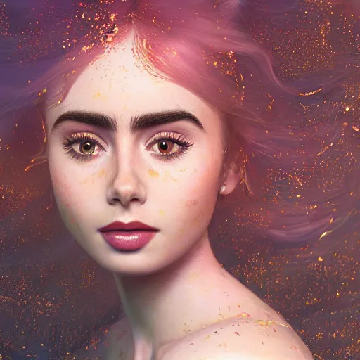 Image similar to a beautiful blonde queen girl lily collins, floating under the deep dream water, beautiful smooth soft light + white petal, oil paint, octane render, unreal engine 5, closeup, 4 k, highly detailed, instagram,