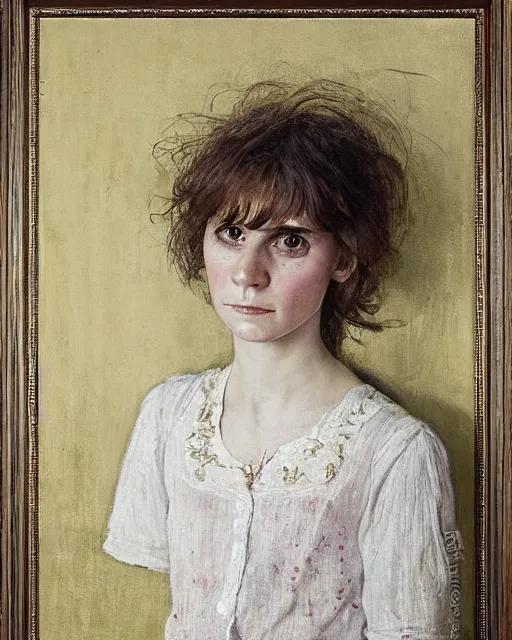 Image similar to a beautiful but sinister girl who looks like a young shirley henderson in layers of fear, with haunted eyes and crazy hair, 1 9 7 0 s, seventies, delicate embellishments, a little blood, crimson, painterly, offset printing technique, by jules bastien - lepage