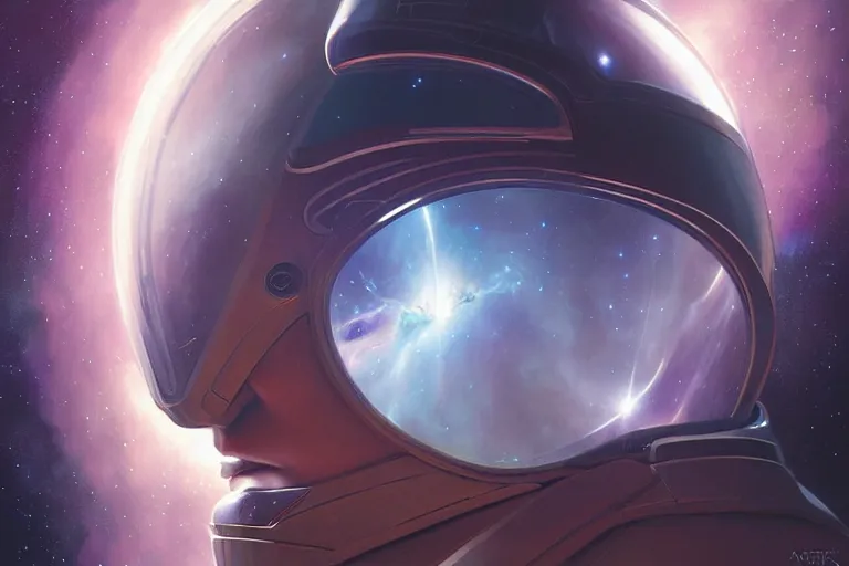 Image similar to Portrait of a Futuristic reflective spacesuit visor mirror spacesuit reflecting a nebula supernova in space, portrait, elegant, intricate, digital painting, artstation, concept art, smooth, sharp focus, illustration, art by artgerm and greg rutkowski and alphonse mucha