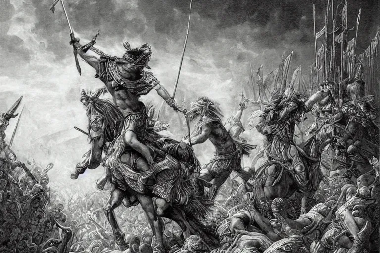 Image similar to highly detailed and cinematic romantic, edge of the universe, the great greek warrior with a spear, symmetrical face, magical, greek myth, masterpiece, from the book of the long sun by gene wolfe, highly detailed painting by gustave dore